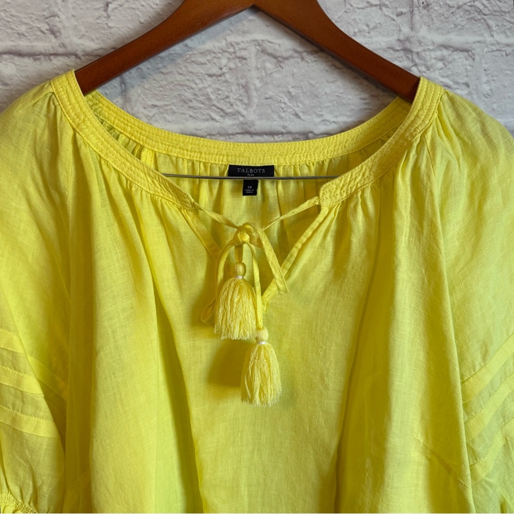 Talbots Bright Yellow Linen Blouse Tassel Tie Neck Short Sleeves Peasant Top 2X - Picture 2 of 6